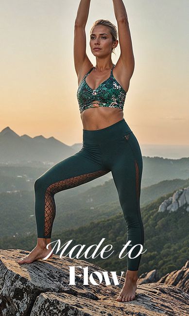 Chica practicando yoga con ropa deportiva de Adore Me. Título de la imagen: "Made to Flow"